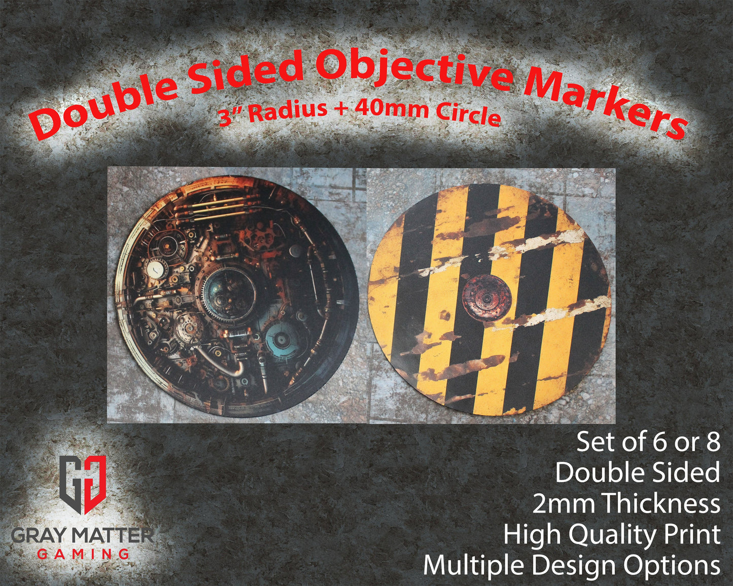 Double Sided 7.57" Neoprene Objective Markers - Hazard Stripes and Gears