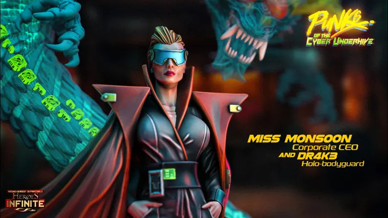 Miss Monsoon - Cyberpunk Corporate CEO & DR4K3 Holo-Bodyguard | Punks of the Cyber Underhive