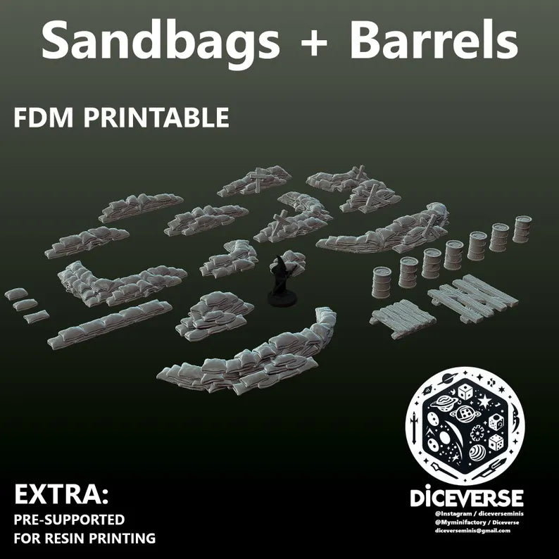 Trench Terrain: Sandbags and Barrels - Trench Warband Miniatures | Compatible with Tabletop Wargames