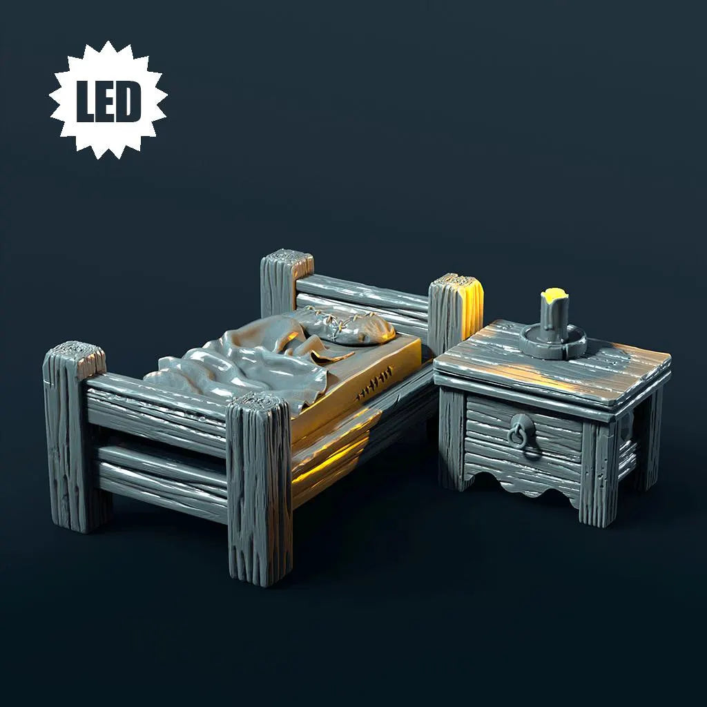 Tavern Bed & Nightstand – LED Terrain Scatter | 3D Resin Printed DnD (D&D) Pathfinder Miniatures