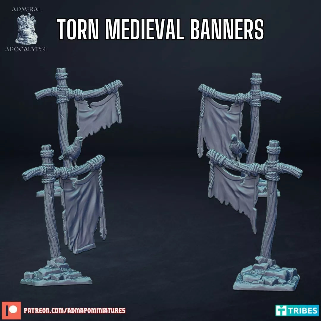 Torn Medieval Banners | 3D Resin Printed For Tabletop Wargames